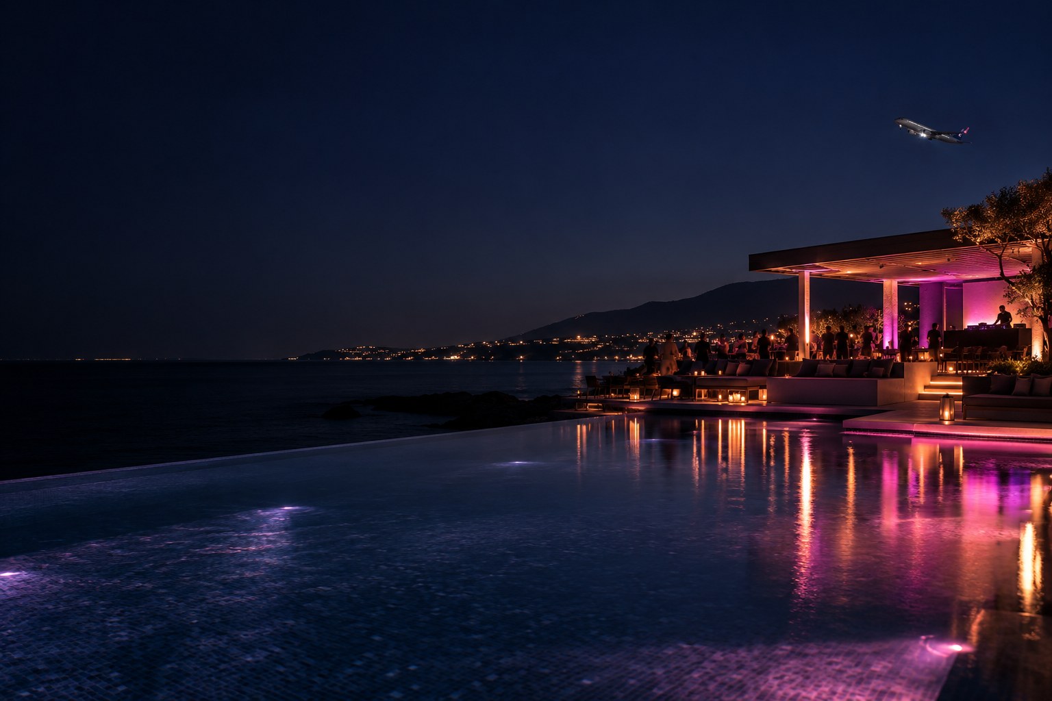 Illustrative nighttime beach-club scene with a pool, bar and aircraft taking off