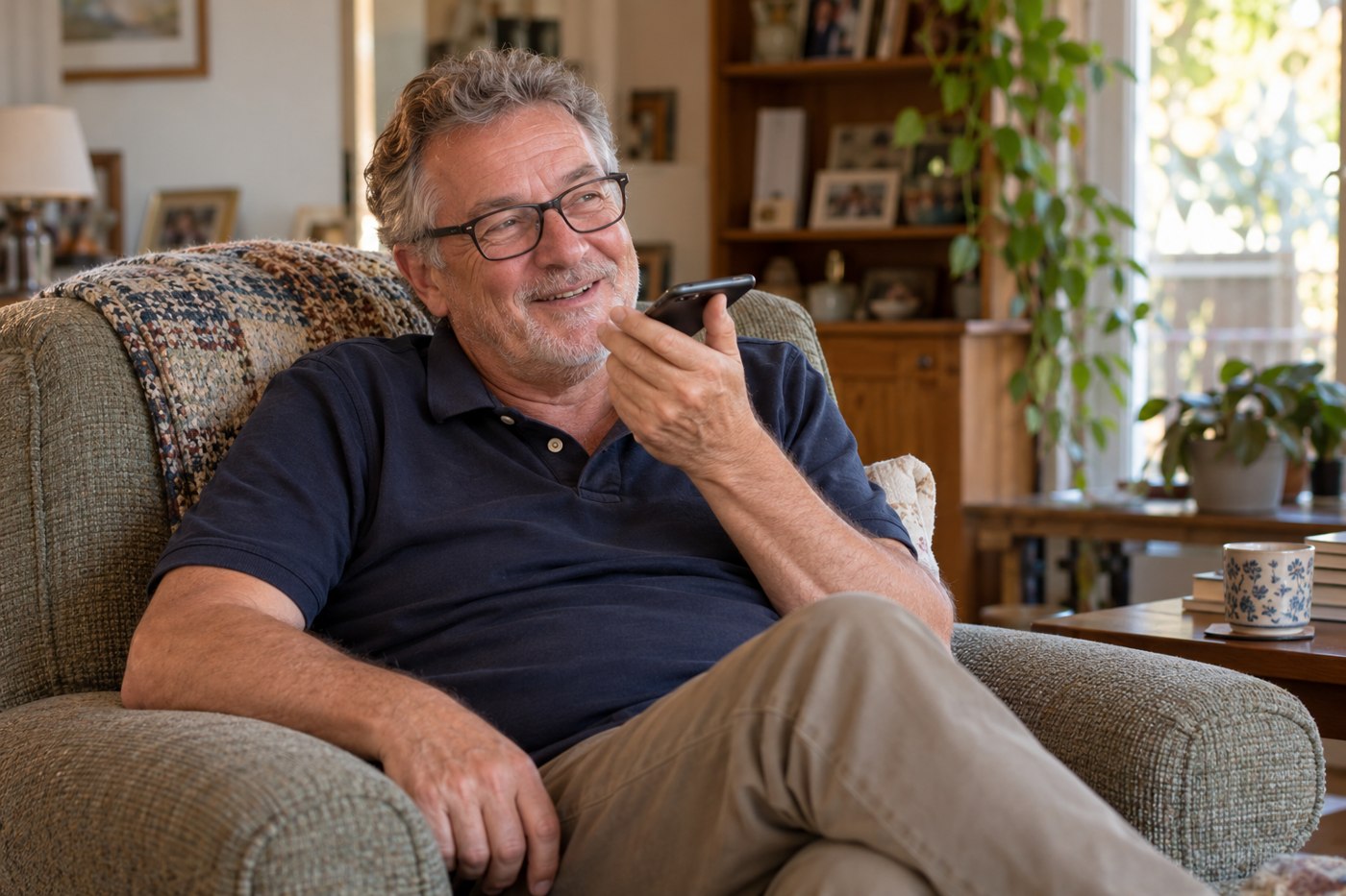 Dad recording a short birthday greeting from his favourite chair