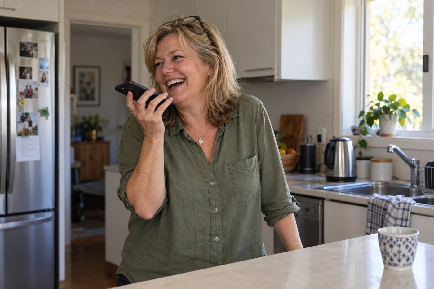 A mum laughing while recording a greeting on her phone in the kitchen