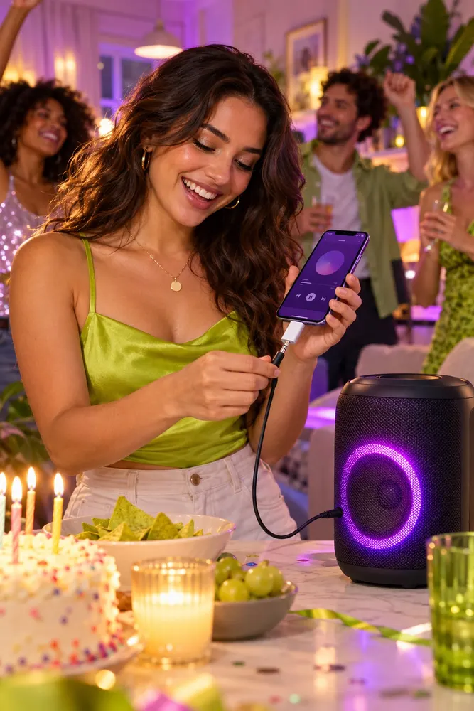 A woman plugging her phone into a party speaker at a birthday celebration